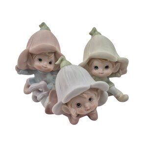 Homco Pixie Elves Figurines 5615 Pastel Bisque Porcelain Fairies Flower Hats